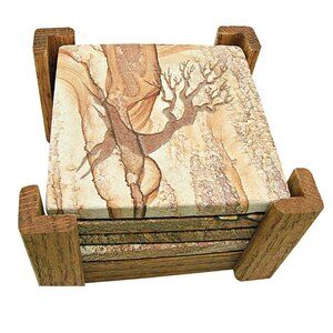 Set Of 4 Ornate Sandstone Tile Cork Back Coasters Wildlife Wooden Stand Pottery